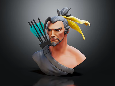 3D Male Archer Character With Topknot Green Arrows Yellow Ribbon And Serious Expression 3d model