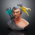 3D Male Archer Character With Topknot Green Arrows Yellow Ribbon And Serious Expression