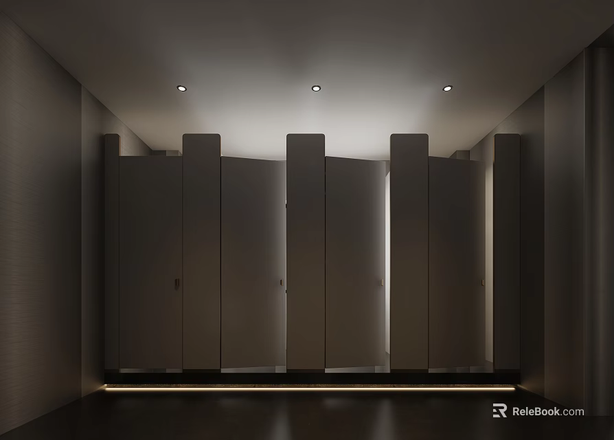 Modern Minimalist Public Bathroom With Dark Full Height Partition Stalls And Recessed Ceiling Lights 3d model 