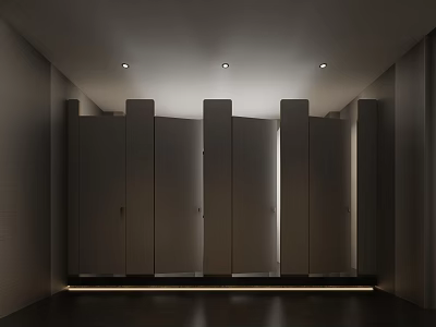 Modern Minimalist Public Bathroom With Dark Full Height Partition Stalls And Recessed Ceiling Lights 3d model