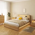 Modern Bedroom Interior Wooden Double Bed With LED Strip Headboard Yellow Pillow And Beige Rug
