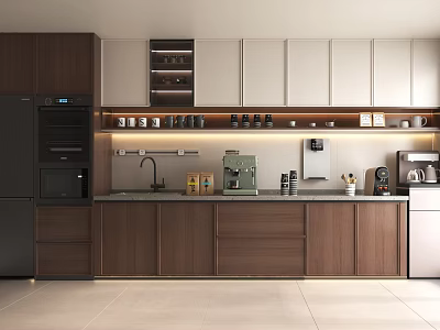 Modern Office Pantry With Wooden Cabinets Coffee Machine And Countertop 3d model