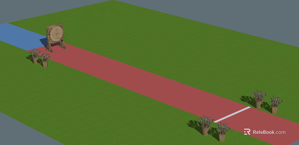 Cartoon Scene of Green Grass Field With Red Track Target Left and Flower Pots Right 3d model 