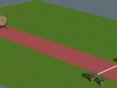 Cartoon Scene of Green Grass Field With Red Track Target Left and Flower Pots Right 3d model