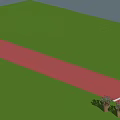 Cartoon Scene of Green Grass Field With Red Track Target Left and Flower Pots Right