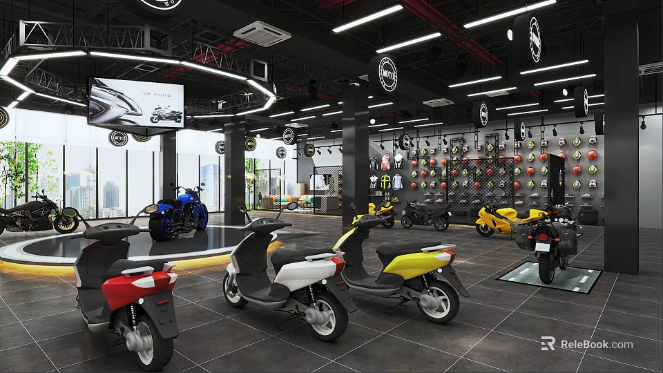 Modern Scooter Store Displaying Colorful Scooters Helmets And Large Screen Interior 3d model 