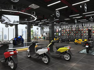 Modern Scooter Store Displaying Colorful Scooters Helmets And Large Screen Interior 3d model
