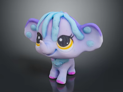 Cute Purple Elephant Toy with Blue Hair Dots on Ears Big Eyes and Pink Feet 3d model