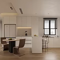 Modern Dining Kitchen Interior With White Cabinets Island Counter Bar Stools Window And City View