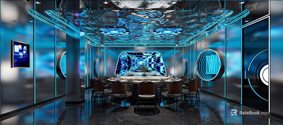 Luxurious Modern Private Dining Room Interior With Blue Lighting Round Table And Large Digital Screen 3d model 