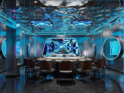 Luxurious Modern Private Dining Room Interior With Blue Lighting Round Table And Large Digital Screen 3d model