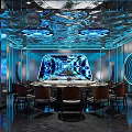 Luxurious Modern Private Dining Room Interior With Blue Lighting Round Table And Large Digital Screen 3d model
