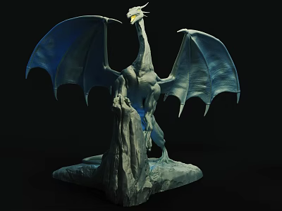Artistic Mythical Dragon Sculpture With Spread Wings And Rock Base Design 3d model