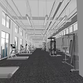 Spacious Bright Gym Interior With Large Windows And People Exercising On Treadmills And Fitness Equipment