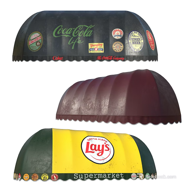 Branded Outdoor Awnings With Colorful Logos And Maroon Green Yellow Designs 3d model 