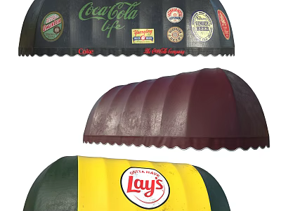 Branded Outdoor Awnings With Colorful Logos And Maroon Green Yellow Designs 3d model