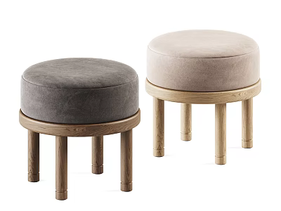 Round Upholstered Sofa Stools With Gray And Beige Cushions Wooden Legs Modern Design 3d model