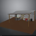 Covered Building Structure With Yellow Supporting Columns Brown Ground And Storage Buckets Equipment