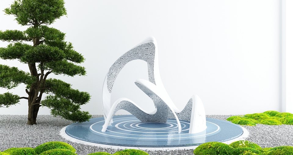 Modern Garden Ornament With White Abstract Sculpture In Circular Pool With Concentric Patterns And Green Shrubs 3d model 