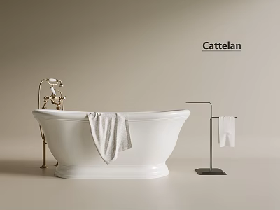 Cattelan White Bathtub With Brass Faucet And Towel Rack In Bathroom 3d model