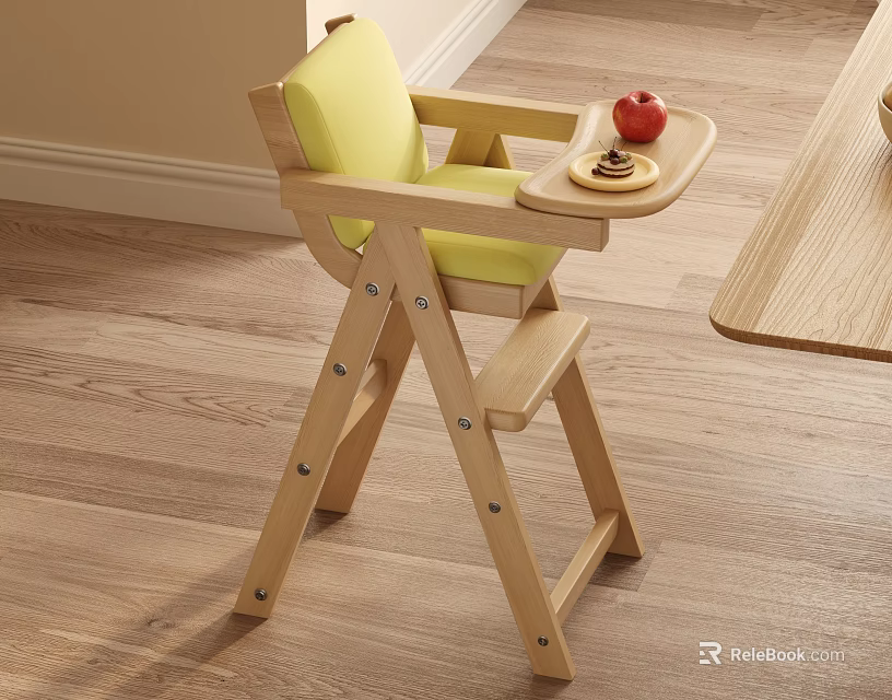 Wooden Children's High Chair with Yellow Seat Tray Apple and Cake Next to Wooden Table 3d model 