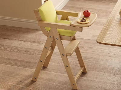Wooden Children's High Chair with Yellow Seat Tray Apple and Cake Next to Wooden Table 3d model