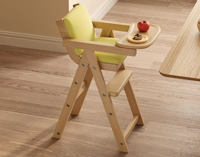 Wooden Children's High Chair with Yellow Seat Tray Apple and Cake Next to Wooden Table 3d model