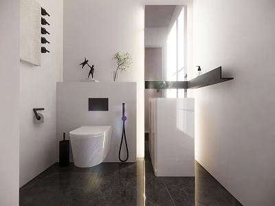 Modern Bathroom Interior With Wall Mounted Toilet Floating Vanity Mirror And Decorative Plants 3d model