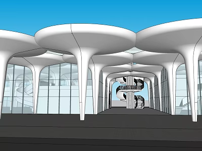 Modern Architectural Design With White Curved Roof Structures Glass Curtain Walls And Spiral Staircase 3d model