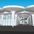 Modern Architectural Design With White Curved Roof Structures Glass Curtain Walls And Spiral Staircase