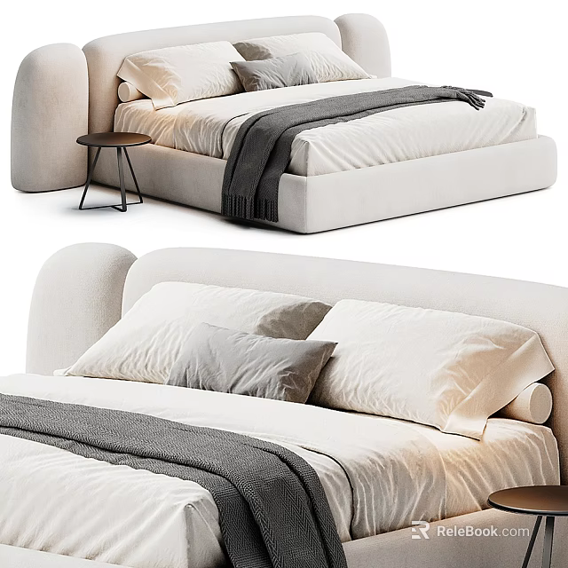 Modern White Double Bed With Gray Blanket Pillows And Side Table 3d model 