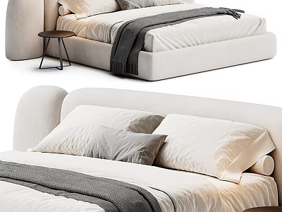 Modern White Double Bed With Gray Blanket Pillows And Side Table 3d model