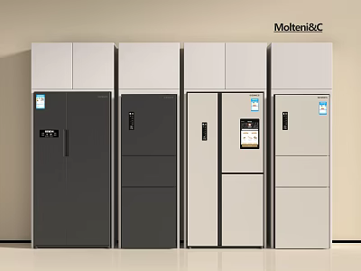 Four Modern Refrigerator Cabinets in Gray and Beige Tones Arranged Side by Side 3d model