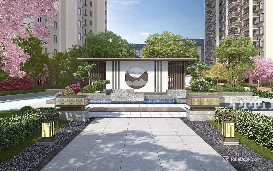 Elegant New Chinese Style Residential Garden Ornaments With Exquisite Scene Wall And Calm Water Features 3d model 
