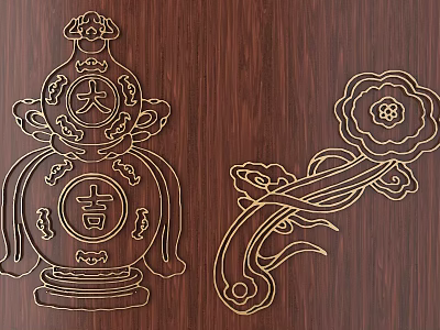 Traditional Chinese Carvings Featuring Gourd And Flower Patterns On Wooden Background 3d model