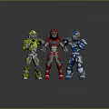 Futuristic Sci Fi Game and Movie Characters in Green Red Blue Armor with Action Poses