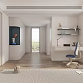 Modern Minimalist Bedroom With Bed Bookshelf And Ceiling Light