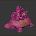 Intricate Carved Amber Wooden Turtle Shaped Furniture Decorative Sculpture With Small Figures And Engraved Patterns