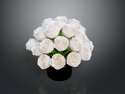 Bouquet of White Roses Arranged in Black Vase Against Gray Background 3d model