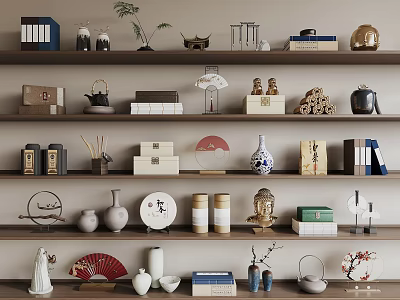 Stylish Decorative Ornament Collection with Vases Books Sculptures Fans and Teacups on Shelves 3d model