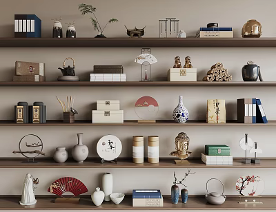 Stylish Decorative Ornament Collection with Vases Books Sculptures Fans and Teacups on Shelves 3d model