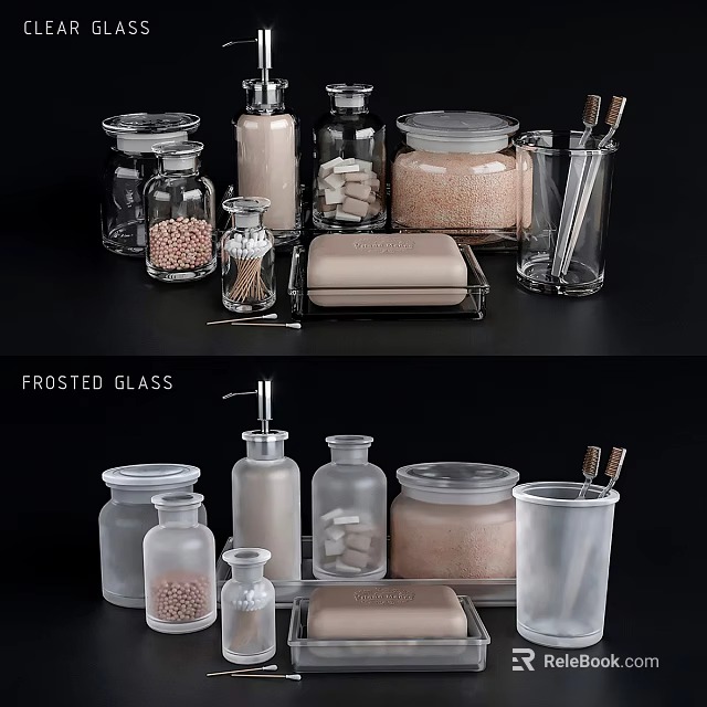 Frosted Glass Washing Supplies Containers Jars Bottles Soap Dish and Toothbrush Holder 3d model 
