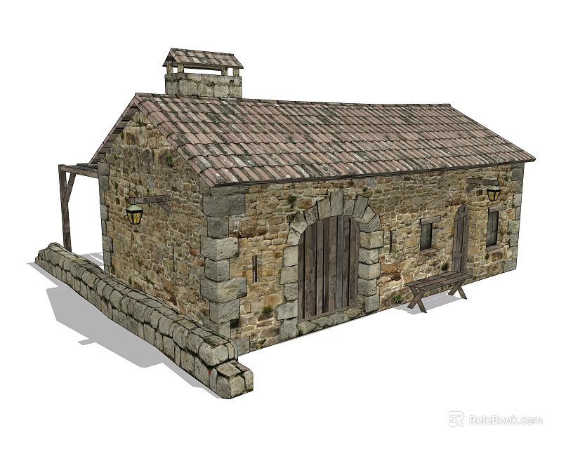 Old Stone Barn Structure with Tiled Roof Arched Wooden Door Small Windows and Stone Fence 3d model 