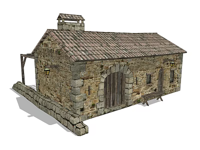 Old Stone Barn Structure with Tiled Roof Arched Wooden Door Small Windows and Stone Fence 3d model