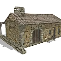 Old Stone Barn Structure with Tiled Roof Arched Wooden Door Small Windows and Stone Fence
