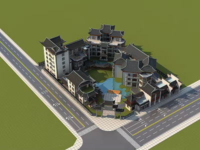 Traditional Chinese Ancient Architecture Complex With Curved Roofs Courtyard Pond And Roads 3d model