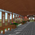 Traditional Chinese Style Corridor With Wooden Roof Red Lanterns And Flower Beds