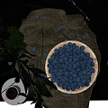 Fresh Blueberries in Wooden Bowl with Scattered Green Leaves and Linen Cloth on Dark Surface