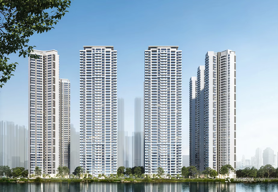 High Rise Residential Buildings With Waterfront Green Trees And City Skyline Under Blue Sky 3d model 