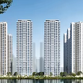 High Rise Residential Buildings With Waterfront Green Trees And City Skyline Under Blue Sky